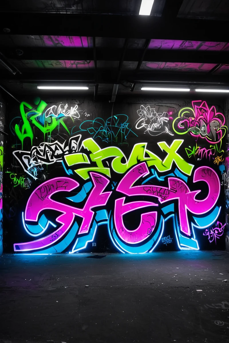 three walls with graffiti, deep full of graffiti, On the back wall is written: "Gafax Store Co". portrait photography, dark cinematic aerial photography Desaturated, masterpiece, contest winner, RAW photo, ,8k uhd,dslr,soft lighting,high quality,film grain,Fujifilm XT3,
Still photo, cinematic, shot on film, vibrant colors, neon theme, graffiti, graffiti, 