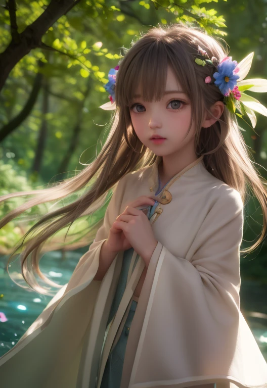 Girl in the forest with floating flowers, river, Puffy, Puffy cheeks, cute,
Vibrant colors, Colorful art style, 
Soft lighting, Soft Shadows, Detailed Texture, Dynamic Lighting,  
Nice hands, Perfect hands, 
