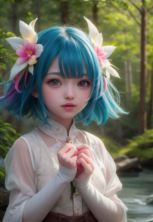 Girl in the forest with floating flowers, river, Puffy, Puffy cheeks, cute,
Vibrant colors, Colorful art style,
Soft lighting, Soft Shadows, Detailed Texture, Dynamic Lighting,
Nice hands, Perfect hands,