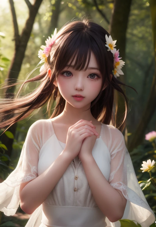 Girl in the forest with floating flowers, river, Puffy, Puffy cheeks, cute,
Vibrant colors, Colorful art style,
Soft lighting, Soft Shadows, Detailed Texture, Dynamic Lighting,
Nice hands, Perfect hands,