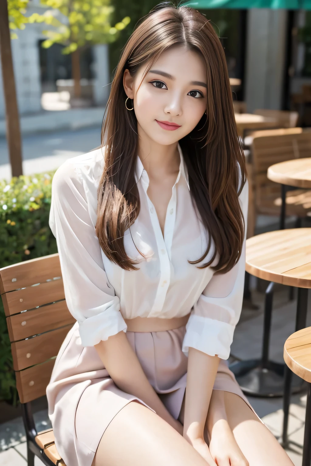 highest quality, Realistically, Very detailed, About pubic hair, High resolution, 8k wallpaper, One beautiful woman, Pink wet lips, Light brown messy hair, Wearing a suit, shirt, White Skirt, Lock focus, Perfect dynamic composition, Beautiful Eyes, Delicate Hair, Detailed Realistically skin texture, smile, Close-up portrait, Model Body Type, On the open terrace of the cafe, Blurred Background, (Full Body Shot), Take photos from a distance, Random body orientation,Sit on a chair