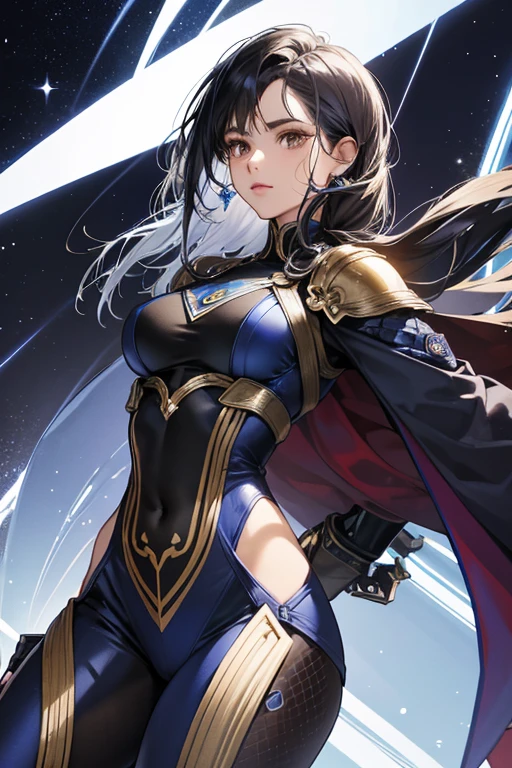 Master Raven is a woman with brown eyes and brown skin. Master Raven wears a dark, navy blue ???????? that has gold-trimmed openings that leave her ???? and arms exposed and silver metallic wrappings on her left leg. Over this, she wears silver armor-like attire of detailed greaves, pauldrons, and gauntlets with navy blue palms, matching her ????????. She also has a matching head guard around the sides of her face and two long, ankle-length ribbons trailing from her shoulders, which are blue in color and patterned with light blue geometric patterns. SPARKLE; GLITTER