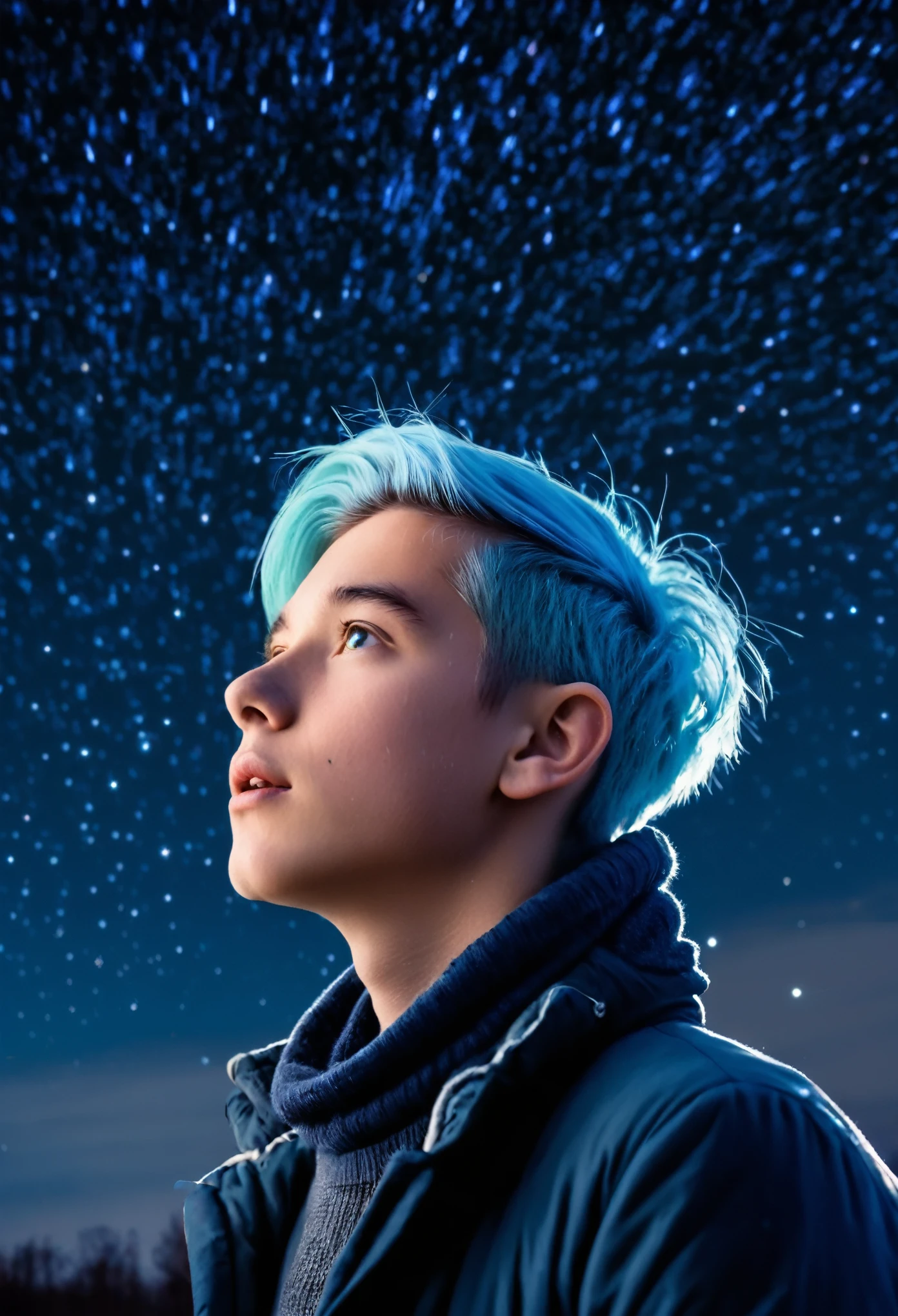 An image of a young and handsome boy with light blue hair gazing up at the starry night sky during winter, with shooting stars streaking across the heavens.