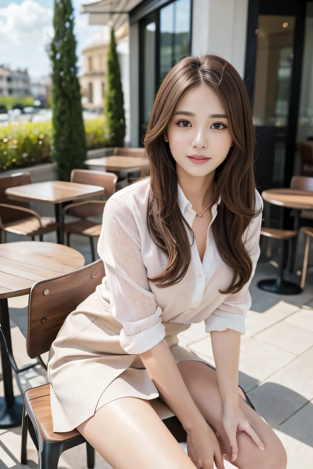 highest quality, Realistically, Very detailed, About pubic hair, High resolution, 8k wallpaper, One beautiful woman, Pink wet lips, Light brown messy hair, Wearing a suit, shirt, White Skirt, Lock focus, Perfect dynamic composition, Beautiful Eyes, Delicate Hair, Detailed Realistically skin texture, smile, Close-up portrait, Model Body Type, On the open terrace of the cafe, Blurred Background, (Full Body Shot), Take photos from a distance, Random body orientation,Sit on a chair