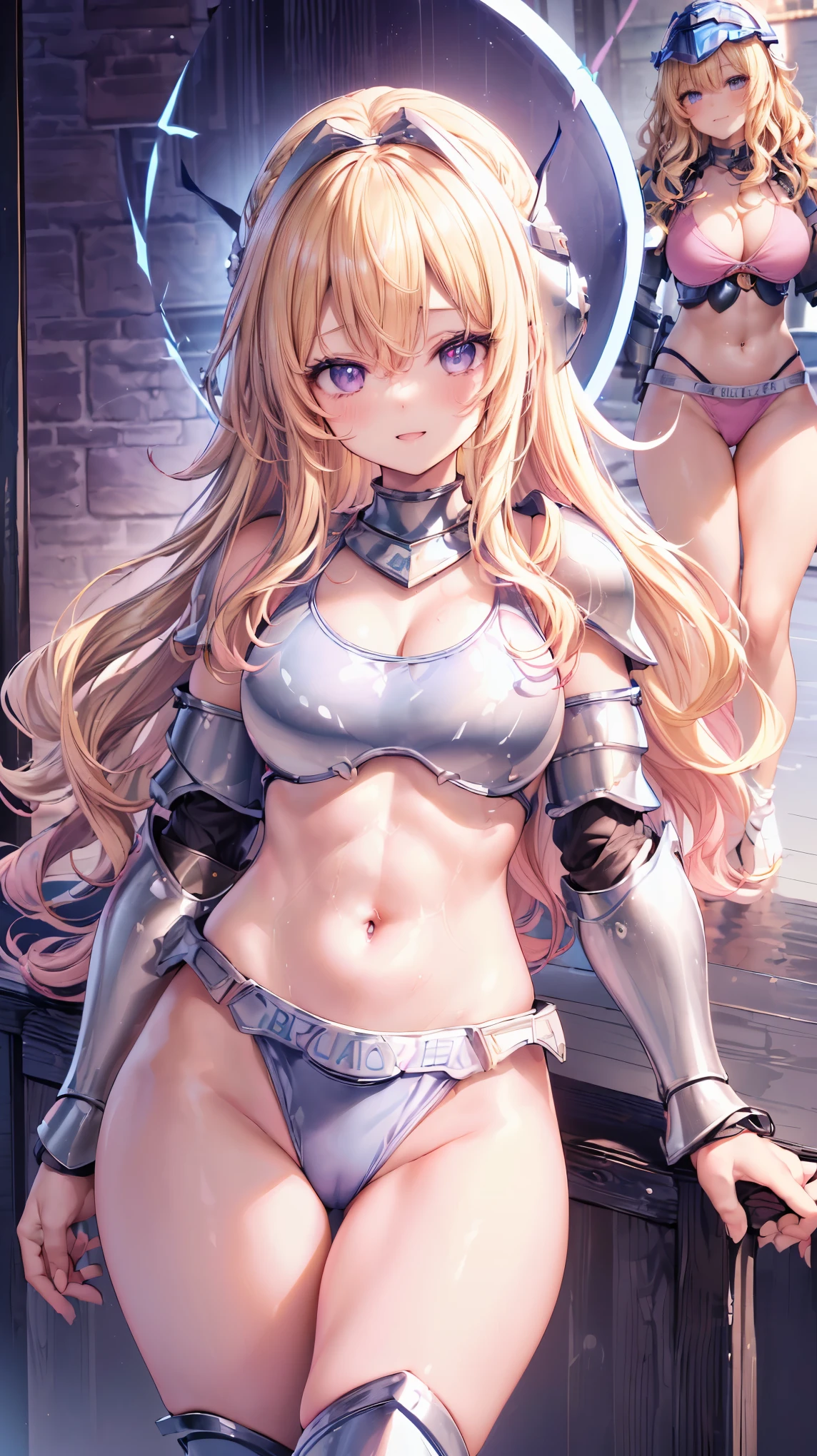 Very detailed、highest quality、Best image quality、masterpiece、8k、Anime Face、A kind smile、Open your mouth、Sparkling blue eyes、(Blonde wavy hair:1.5)、、Muscles of the whole body、camisole、Thigh belt、mini skirt、(Wearing pink bikini armor:1.5)、(Cowboy Shot:1.5)、(Leg armor:1.5)、(Wearing a helmet:1.5)