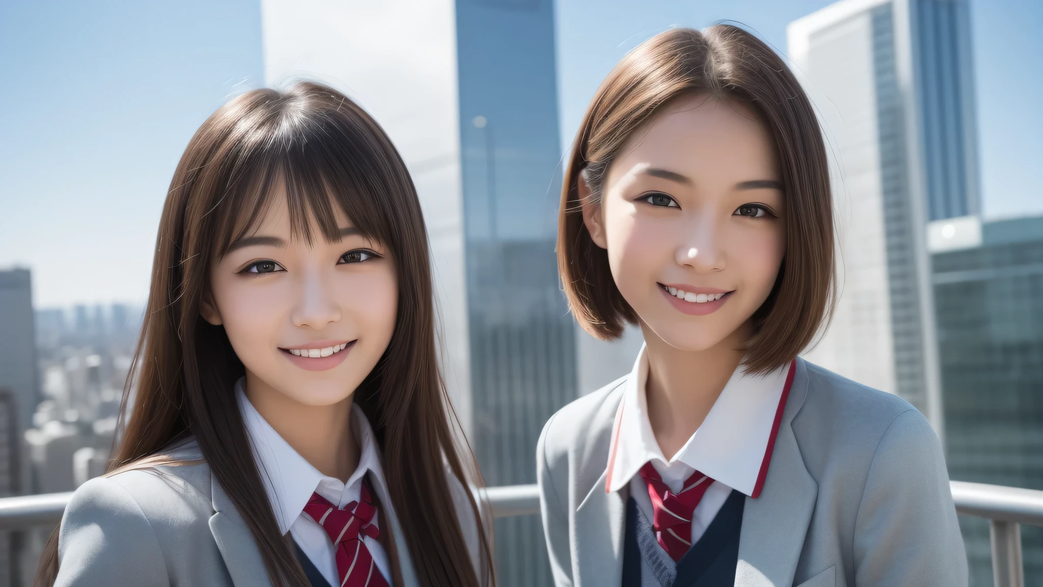 (1girl), refreshing smiles, (high school uniform), (Best Quality:1.4), Realistic, extremely detailed CG unified 8k wallpaper, highly detailed, High-definition raw color photos, professional photography, Realistic portrait, Beautiful detailed, (Fine face:1.2), Close up portrait of girl, Outdoors, Beautiful scenery, clear skies, from the top of a high-rise building, Tokyo Tower, Tokyo Sky Tree, contrails