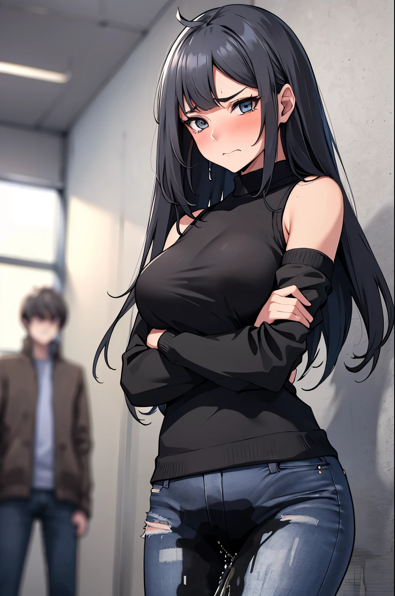 A woman with very long black hair and (very long bangs:1.5), wearing a stylish jacket and tight jeans, standing. The artwork is inspired by manga and incorporates a doujin style. The woman appears to be (wetting herself:1.5), which causes her to feel embarrassed and humiliated, resulting in a blush on her face. In addition, there is an air of anger in her expression. The lighting in the scene is moody, with a spotlight highlighting the woman's figure. She is crossing her arms, (arms crossed:1.5), fully showcasing her jeans., large breasts