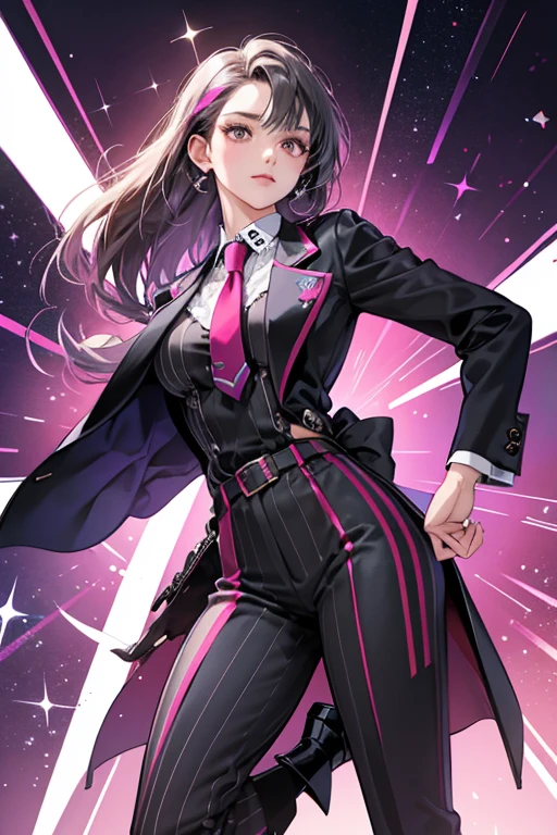 Master Raven is a woman with brown eyes and brown skin. she has a vertical diamond design on her jacket and shirt, which are now purple and dark blue respectively. The lapels of her jacket retain their gray coloring from her Preset 4 and her tie remains red, while her pants are now gray with white pinstripes and her heels are bright pink. Her belt now has white vertical lines along it. SPARKLE; GLITTER