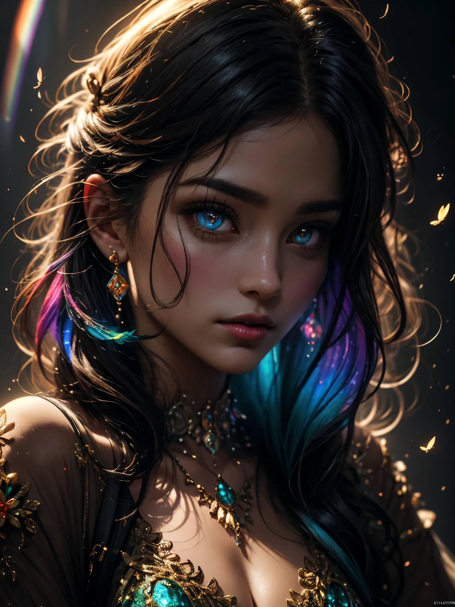((((Important: This image should be colorful and utilize all colors of the rainbow.)))), (((masterpiece))), (((best quality))), ((ultra-detailed)),(highly detailed CG illustration), ((an extremely delicate and beautiful)),cinematic light, Create a stunning fantasy artwork that mimics the style of currently trending masters of the genre. The art piece should contain elements of both mythic fantasy and fairytale fantasy with colorful accents. The character in the artwork is a delicate but strong figure with an aura of mystery and magic. The character should be with subtle breasts. Pay close attention to intricate facial features, such as mesmerizing eyes with vibrant colors and delicate shading. The character's clothing should be designed with gossamer feathers, silk, stunning embroidery, and subtle iridescent details. Incorporate vibrant colors, dynamic lighting, and detailed background elements to create a sense of awe and immersion. Include colorful flying magical birds and jewel-toned butterflies radiating a magical aura. Consider the latest trends in fantasy art, such as incorporating unique lighting effects, exploring dynamic and compelling composition techniques, and experimenting with unique color palettes. Take inspiration from the top artists on ArtStation and Midjourney. Camera: Choose an angle that highlights the character's beauty and enhances the magical majesty of the artwork. Lighting: Utilize atmospheric lighting techniques to create depth and mood. Resolution: Aim for a high-resolution artwork to showcase intricate details and clarity. Art Inspirations: Seek inspiration from the trending artists on ArtStation, exploring different styles, genres, and themes.