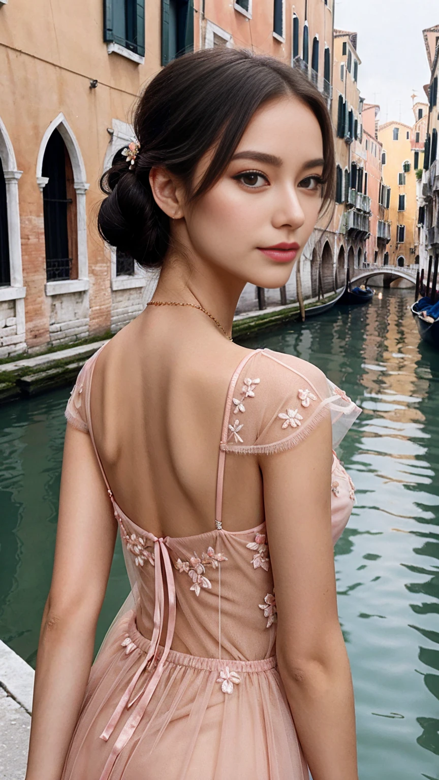 Sheer Tulle Chemise with Embroidered Detailing: Elegant sheer tulle chemise featuring intricate embroidered detailing, evoking old-world charm. Set against the romantic canals of Venice, with historic buildings and gondolas gliding along the waterways. The model possesses classic beauty with timeless features, including doe-eyed hazel eyes, a delicate nose, and plush, coral-pink lips. Her makeup is sophisticated with a soft smokey eye and a peachy nude lip, while her hair is styled in a sleek, low bun adorned with delicate floral pins.