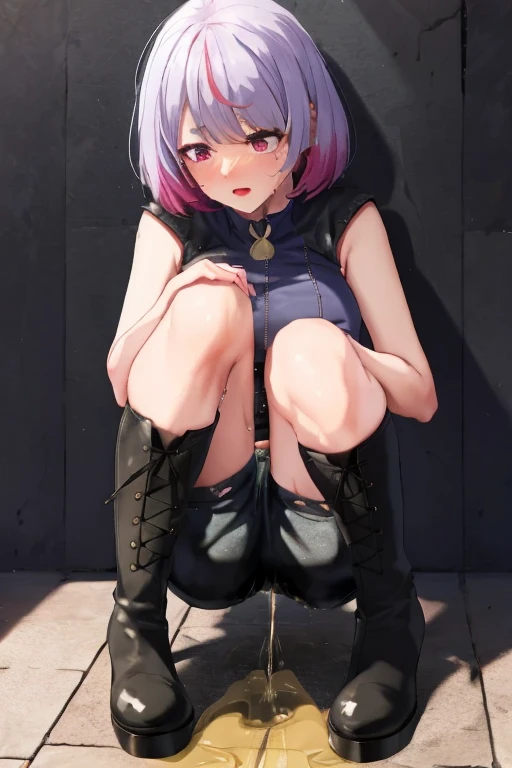 anime, best quality, high quality, highres, beautiful women, high detail, good lighting, lewd, hentai, (((bike shorts))), (leather halter top), (bare midriff), (cameltoe), (((leather thigh high heel boots))), (wet shorts), (((wetting herself))), (((peeing herself))), (((peeing self))), (pee streaming down legs), peeing stain, (puddle), (thick thighs), nice long legs, lipstick, detailed face, pretty face, humiliated, embarrassed, hihelz