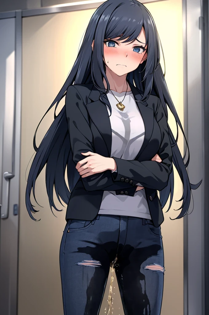 A woman with very long black hair and (very long bangs:1.5), wearing a stylish jacket and tight jeans, standing. The artwork is inspired by manga and incorporates a doujin style. The woman appears to be (wetting herself:1.5), which causes her to feel embarrassed and humiliated, resulting in a blush on her face. In addition, there is an air of anger in her expression. The lighting in the scene is moody, with a spotlight highlighting the woman's figure. She is crossing her arms, (arms crossed:1.5), fully showcasing her jeans., large breasts