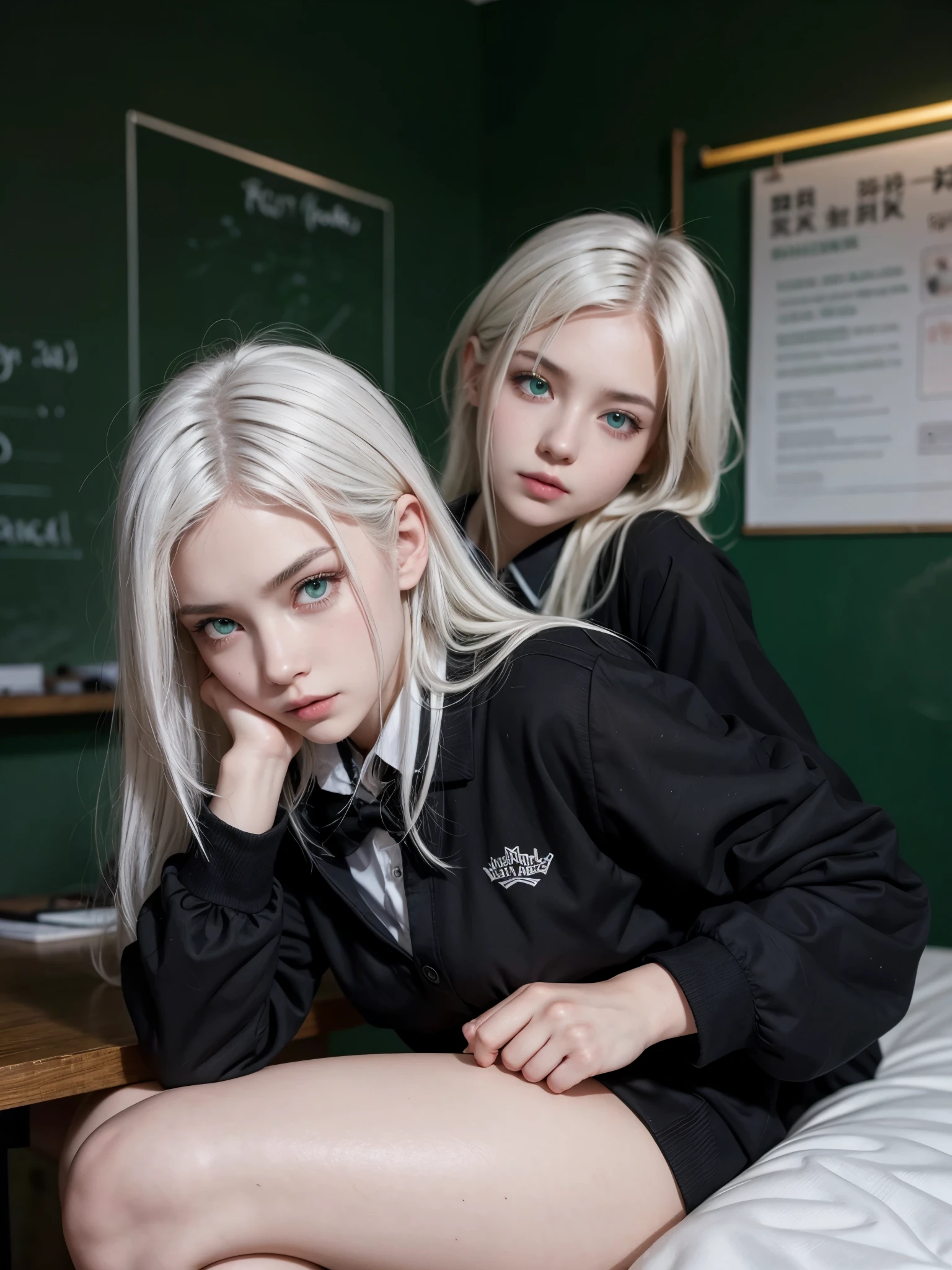 Hot girl, white hair, green eyes, black school clothes, sexy pose
