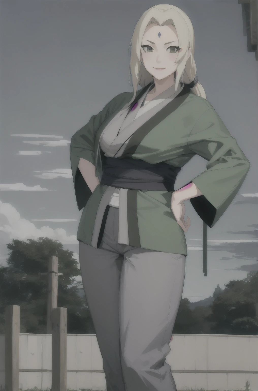 (masterpiece, highest quality:1.2), alone, One girl, Tsunade Def, Forehead mark, smile, View your viewers, Hands on hips, kimono, Green haori, Gray kimono, sash, pants 