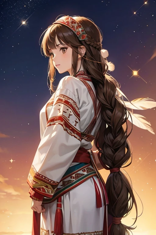 Michelle has brown eyes, a parted fringe, and long brown hair braided down her back. Michelle displays her Native American heritage in her clothing and accessories, most noticeably the headdress and feather she wears on her head. SPARKLE; GLITTER