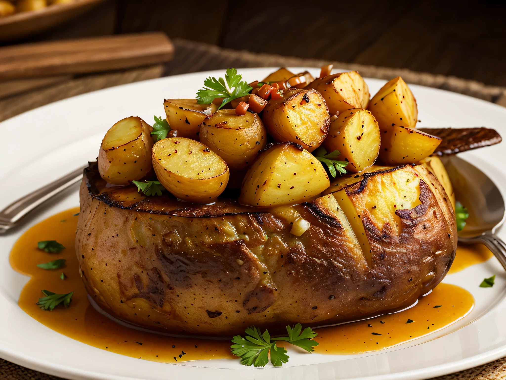 Indulge in a culinary delight as you savor a superior Manaus roast potato feast, the exquisite roasted potato taking center stage with its meticulously crafted perfection. The golden-brown exterior, crisp yet yielding to the touch, provides a tantalizing contrast to the tender, fluffy interior that melts in your mouth. Each half is artfully seasoned, enhancing the natural flavors of the potato without overshadowing them. The enticing aroma permeates the room, drawing you in for a savory bite. Savor every moment as the roasted potato tantalizes your taste buds and leaves you feeling fully satiated. (