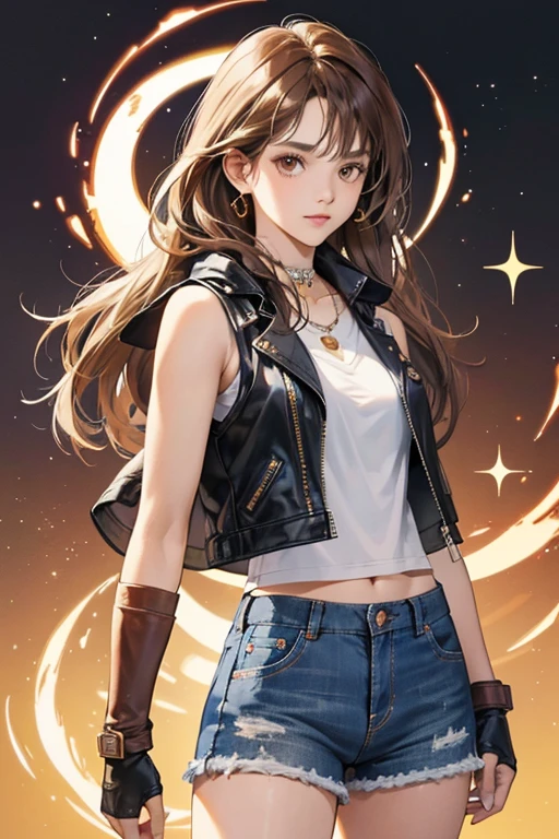 Michelle has brown eyes, a parted fringe, and long brown hair braided down her back. Michelle's outfits have followed the same general style, consisting of denim shorts, a vest or undershirt, often cropped in design, and cowboy boots over long socks. These core components often vary in color and design, depending on the game and whether the primary or secondary outfit is chosen. Additions to these core items have included leather jackets, elbow pads and scarves. Owing to her Native American heritage, Michelle's outfits are often accessorized with a traditional headdress and jewellery, such as necklaces, bracelets and chokers, bearing traditional designs. SPARKLE; GLITTER