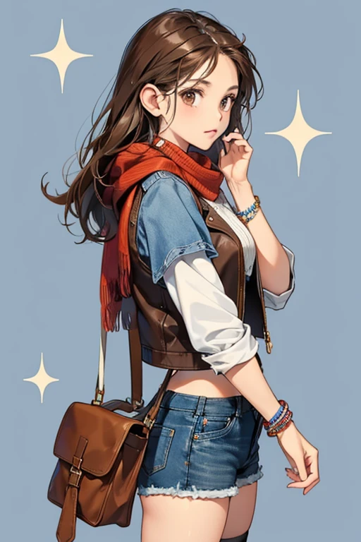 Michelle has brown eyes, a parted fringe, and long brown hair braided down her back. Michelle's outfits have followed the same general style, consisting of denim shorts, a vest or undershirt, often cropped in design, and cowboy boots over long socks. These core components often vary in color and design, depending on the game and whether the primary or secondary outfit is chosen. Additions to these core items have included leather jackets, elbow pads and scarves. Owing to her Native American heritage, Michelle's outfits are often accessorized with a traditional headdress and jewellery, such as necklaces, bracelets and chokers, bearing traditional designs. SPARKLE; GLITTER