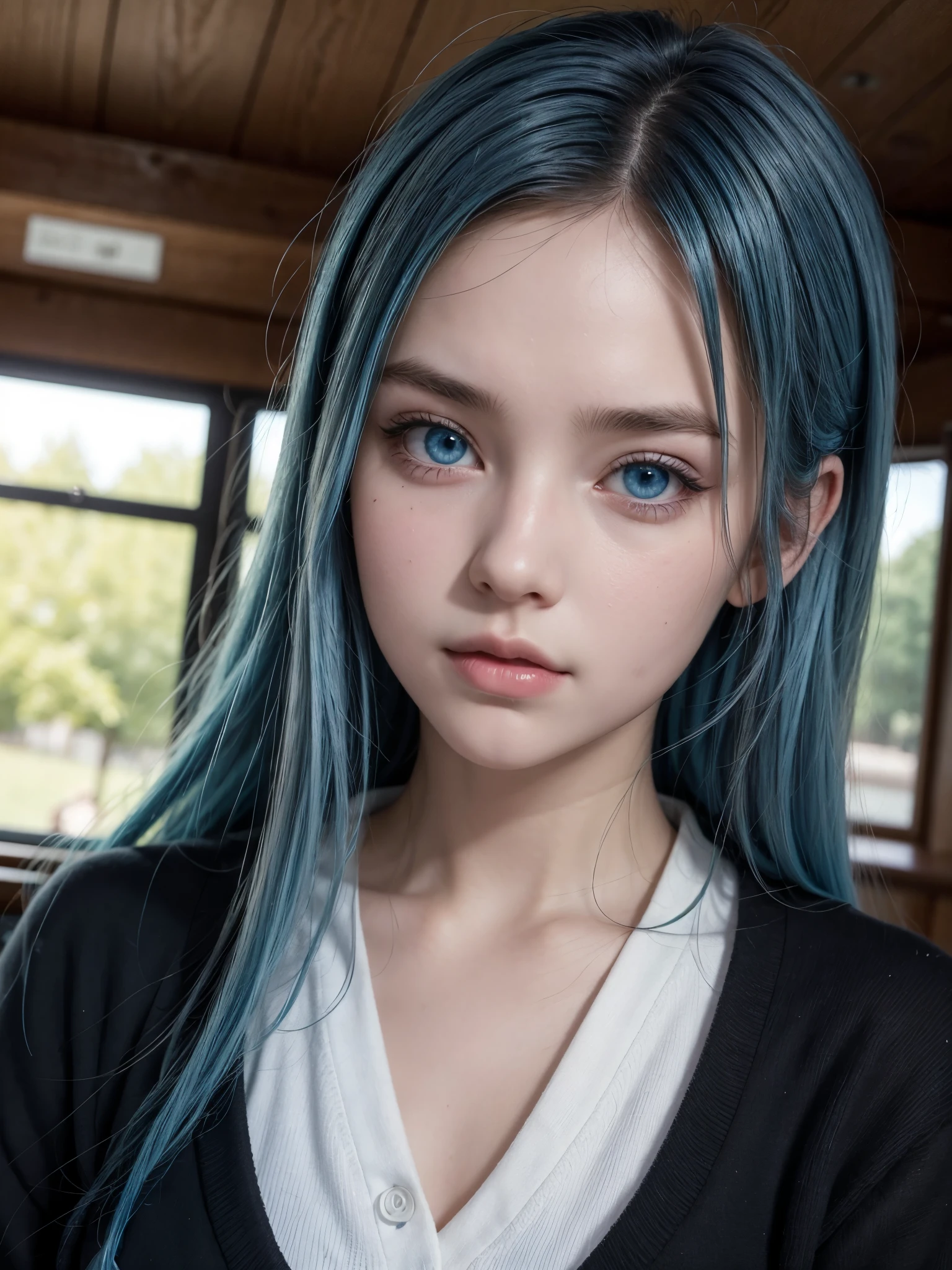 Hot woman, blue hair, blue eyes, black school clothes