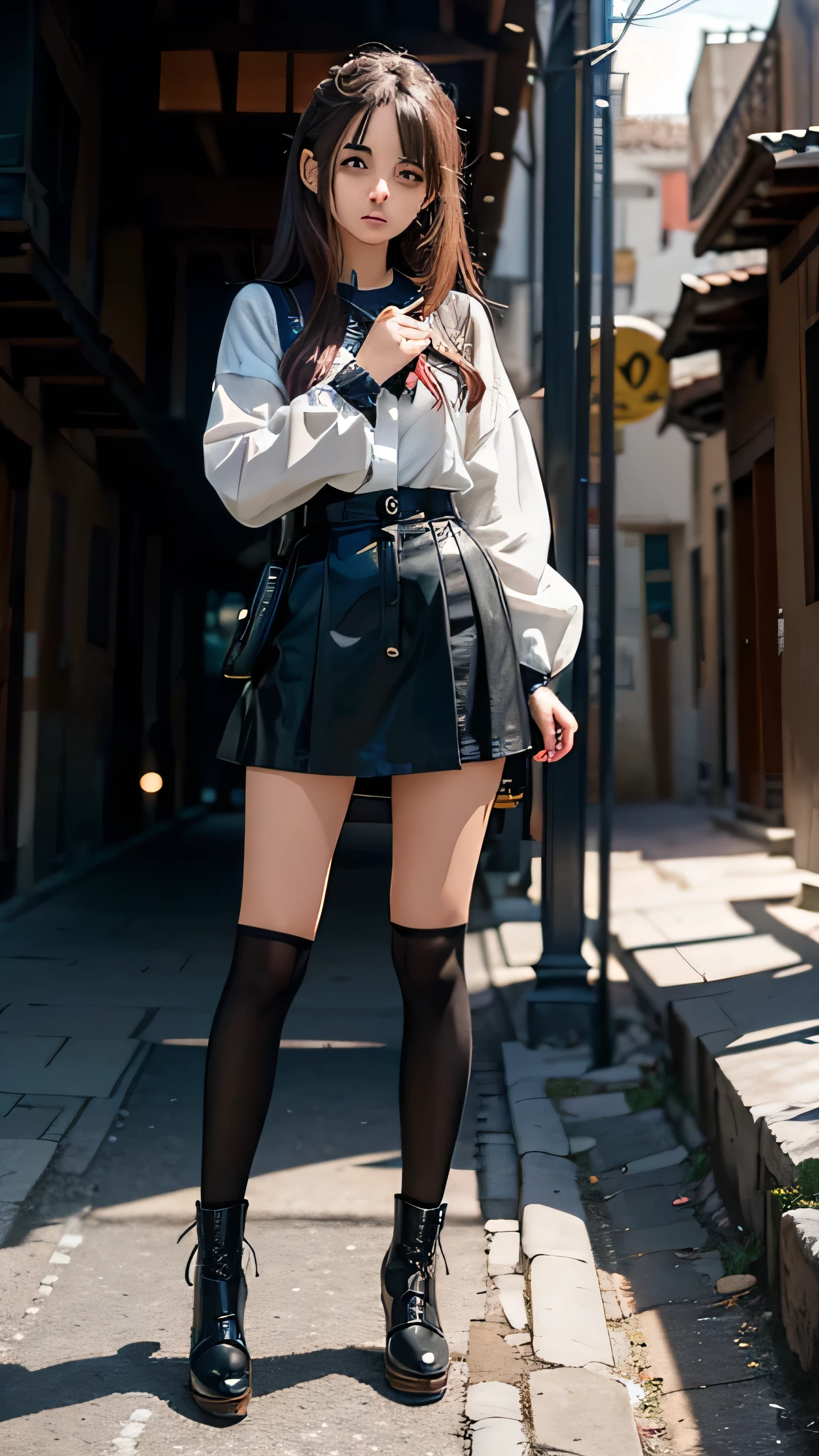 High quality anime manga style, 26years old passinate spanish girl on mini fFlamenco outfit, standing, nothing inher hands, from head to shoese, hands free
