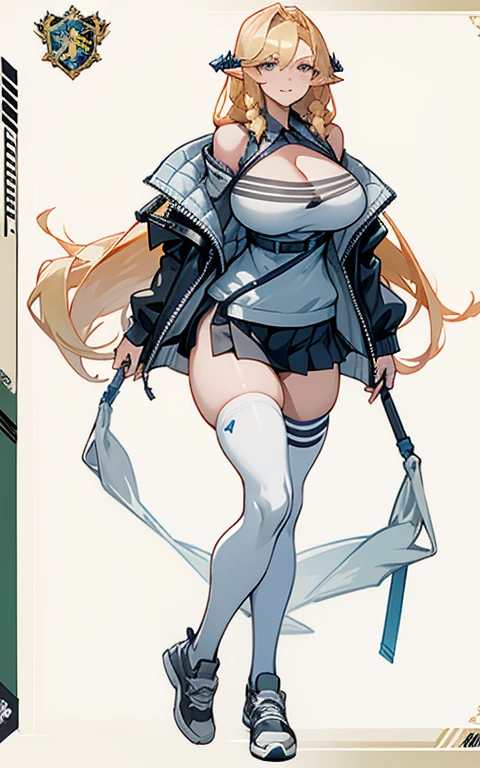 Big ，Large Breasts, [特写Cleavage]]]]Huge long saggy breasts, Cleavage, The chest is more exposed，Thighs are thicker、Off-shoulder，knee socks，Pleated Skirt，sports shoes，hoodie，stand up