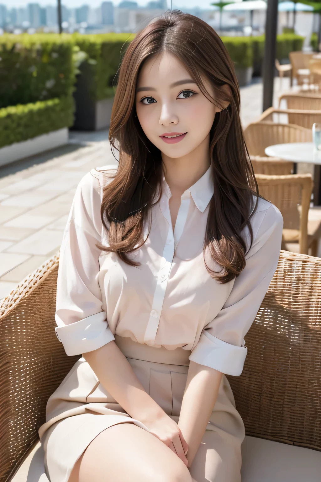 highest quality, Realistically, Very detailed, About pubic hair, High resolution, 8k wallpaper, One beautiful woman, Pink wet lips, Light brown messy hair, Wearing a suit, shirt, White Skirt, Lock focus, Perfect dynamic composition, Beautiful Eyes, Delicate Hair, Detailed Realistically skin texture, smile, Close-up portrait, Model Body Type, On the open terrace of the cafe, Blurred Background, (Full Body Shot), Take photos from a distance, Random body orientation,Sit on a chair