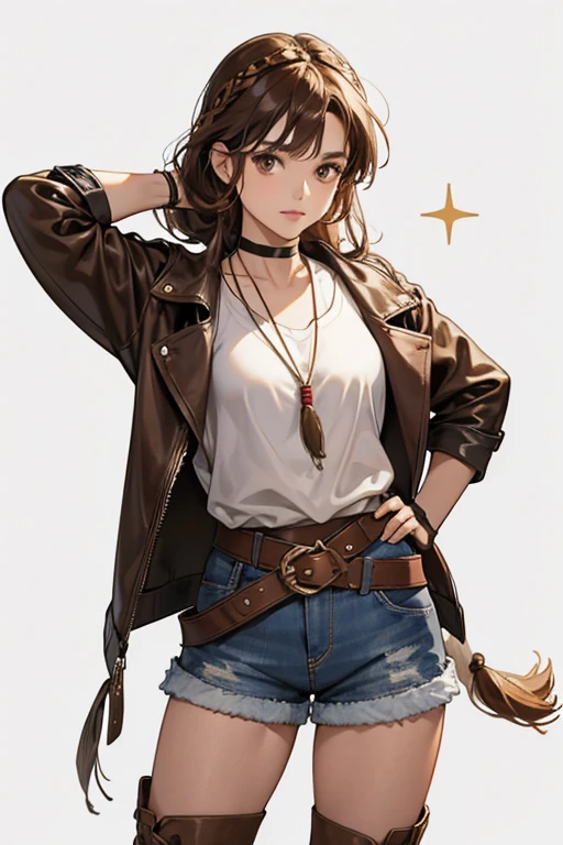 Michelle has brown eyes, a parted fringe, and long brown hair braided down her back. Michelle wears a brown leather jacket with a white sleeveless undershirt and a traditional necklace around her neck, short blue denim shorts with a brown belt, white thigh high socks and brown western cowboy boots. She also wears brown fingerless gloves, a Native American headdress with a single feather to the left side of her head and a black choker around her neck. SPARKLE; GLITTER