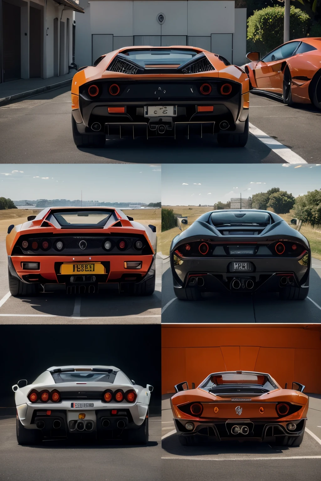 (Best quality, Ultra-detailed: 1.5), Photorealistic fusion image of a Ferrari Testarossa, Lamborghini Countach, and McLaren P1, Combined masterpiece of iconic supercars, Sleek fusion design showcasing each car's unique features, High-contrast colors of Ferrari's Rosso Corsa, Lamborghini's Arancio, and McLaren's Papaya Orange, Sharp focus on intricate details - from the Ferrari's iconic rear lights to the Countach's distinctive scissor doors, and the McLaren's aerodynamic lines, Wide