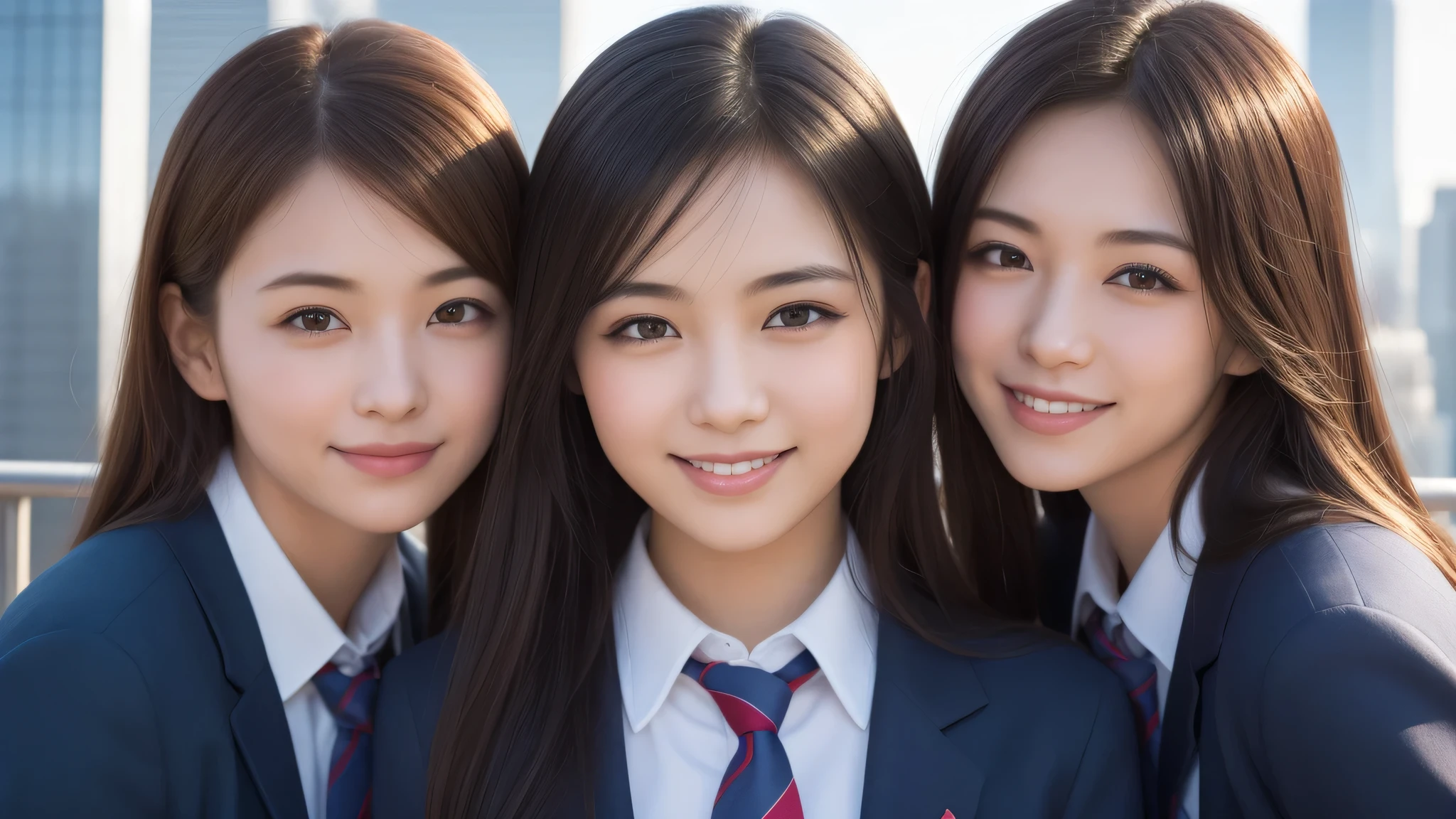 (3girl), refreshing smiles, (high school uniform), (Best Quality:1.4), Realistic, extremely detailed CG unified 8k wallpaper, highly detailed, High-definition raw color photos, professional photography, Realistic portrait, Beautiful detailed, (Fine face:1.2), Close up portrait of girl, Outdoors, Beautiful scenery, clear skies, from the top of a high-rise building, Tokyo Tower, Tokyo Sky Tree, distant contrail