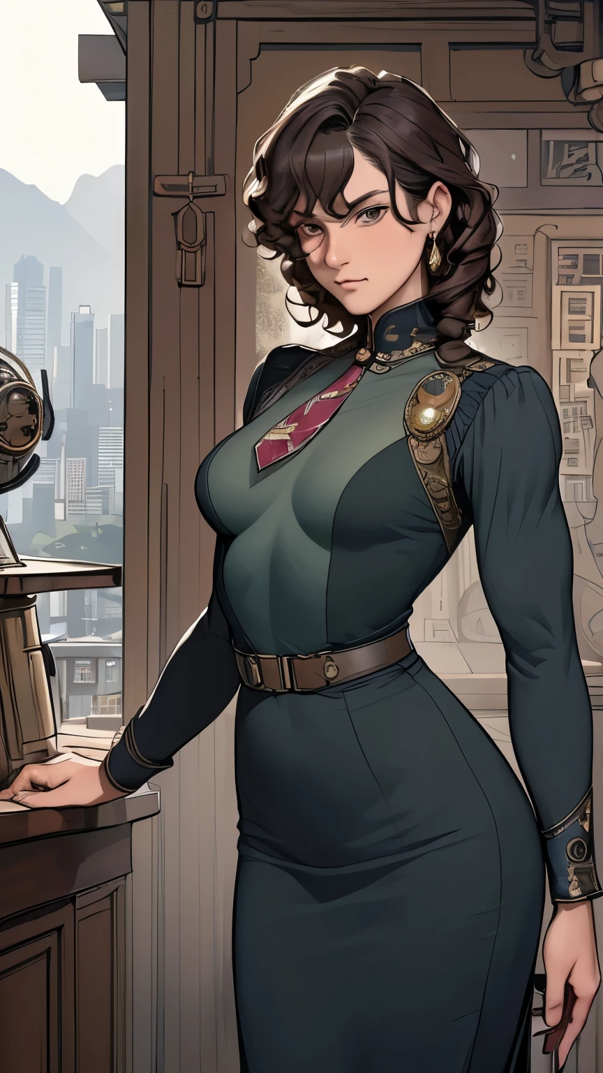 (masterpiece:1.3), (disorganized:1.3), (highest quality:1.3),(perfect anatomy:1.5),perfect finger,(detailed face), solo,1 middle age woman around 55 years old,Army officer,(Steam Punk), (Victorian era),Old Hong kong,(Kowloon area),horizontal angle,((looking at viewer:1.3)), (Super detailed:1.3),(best shadow:0.7),(small breasts),((curly hairr:1.1)),(pixie cut),fine eyes, beautiful eyes, 1 mature woman, ((saggy small breasts)),((muscular)),dark skin,alone, standing, crystal earrings,closed_mouth, arm_behind_return,Army officer uniform,insignia,tie,pencil skirt,rest outdoors, intimidating pose,cowboy shot