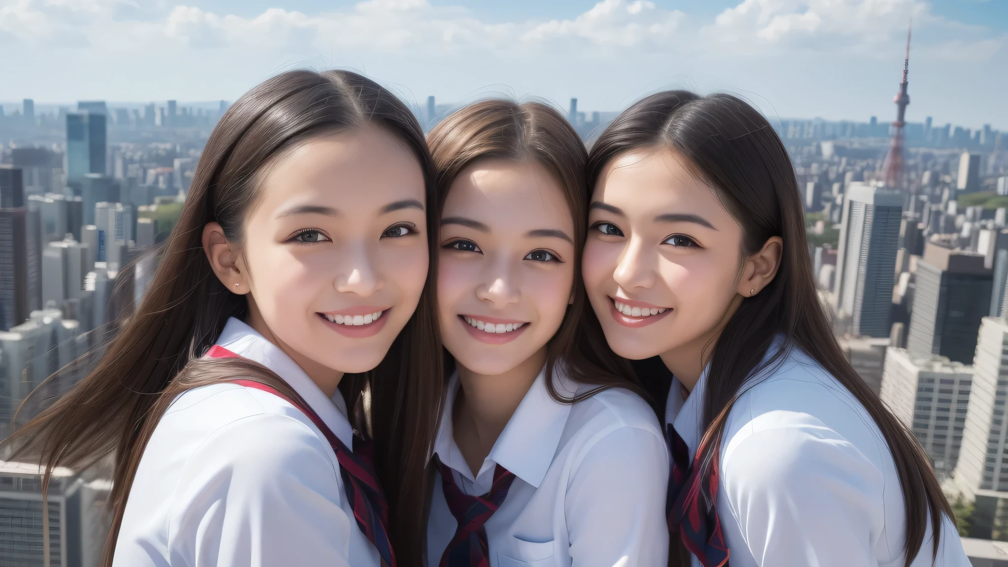 (3girl), refreshing smiles, (high school uniform), (Best Quality:1.4), Realistic, extremely detailed CG unified 8k wallpaper, highly detailed, High-definition raw color photos, professional photography, Realistic portrait, Beautiful detailed, (Fine face:1.2), Close up portrait of girl, Outdoors, Beautiful scenery, clear skies, from the top of a high-rise building, Tokyo Tower, Tokyo Sky Tree, distant contrail