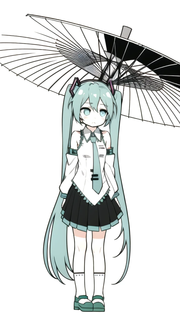 best quality, chibi, 1 girl, miku, Hatsune Miku, (full body), Pure white background,Vivid,clearly,sad face,rain