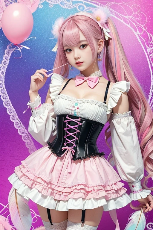 (masterpiece、highest quality、highest quality、Official Art、Beautiful and aesthetic:1.2)、(One Girl:1.3)、A hVery detailed、(Fractal Art:1.1)、(colorful:1.1)(Floral:1.3)、Most detailed、(Tangled:1.2)、Whole Body Ezbian、(Abstract background:1.3)、(Glowing Skin)、(Many colors:1.4)、、(Earrings)、(feather:1.5)、masterpiece、highest quality、highest quality、Official Art、Beautiful and aesthetic:1.2)、(One Girl)、Very detailed、(Fractal Art:1.3)、colorful、Highest detail、Pink Hair、Kurukuru no Perm、shortcut、Big eyes、Japanese women、(Frill frill, Chiffon lace ribbon suspenders, (ストライプデザイン pastel colour ドレス), Big ribbon headband, Open Color Bone, Puff sleeves, Corset tied with thin ribbons, Balloon Skirt, White fishnet stockings, colorfulな星型ビーズアクセサリー) Girls (Curled twin tail separated two-tone hair:1.2), パステルPink Hair, パステルブルーの髪はFrill frillの袖口を着ています, Chiffon lace ribbon suspenders, (stripes designed pastel colouring dress), Big ribbon headband, Open Color Bone, Puff sleeves, Corset tied with thin ribbons, Balloon Skirt, White fishnet stockings, colorfulな星型ビーズアクセサリー, 彼女のガーリーでcolorfulな部屋で (pastel colour:1.3), Pop Surrealism, (Koroflu Dust:1.3), (colorfulな粒子:1.3),