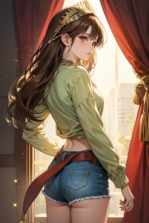 Michelle has brown eyes, a parted fringe, and long brown hair braided down her back. Michelle now wears a brown short-sleeved v-neck shirt with tails at the back, fastened with a gray belt around her waist, leaving her midriff exposed. She also wears short light blue denim shorts and brown cowboy boots, long green warmers on her arms and a red choker around her neck. Michelle accessorizes this outfit with a larger, more ornate headdress. SPARKLE; GLITTER