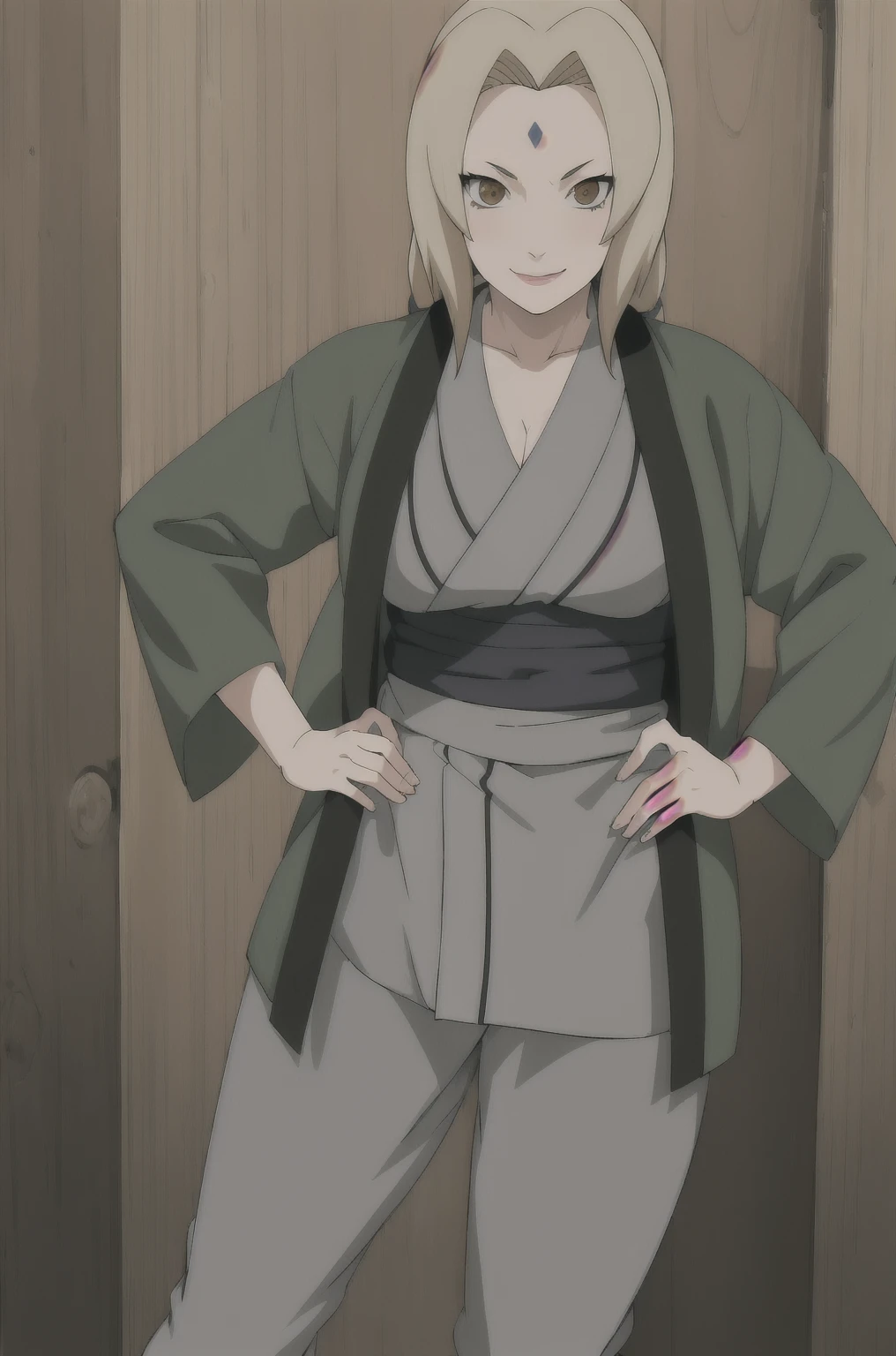 (masterpiece, highest quality:1.2), alone, One Girl, Tsunade Defense, Forehead mark, smile, View your audience, Hands on hips, kimono, Green haori, Gray kimono, sash, pants 