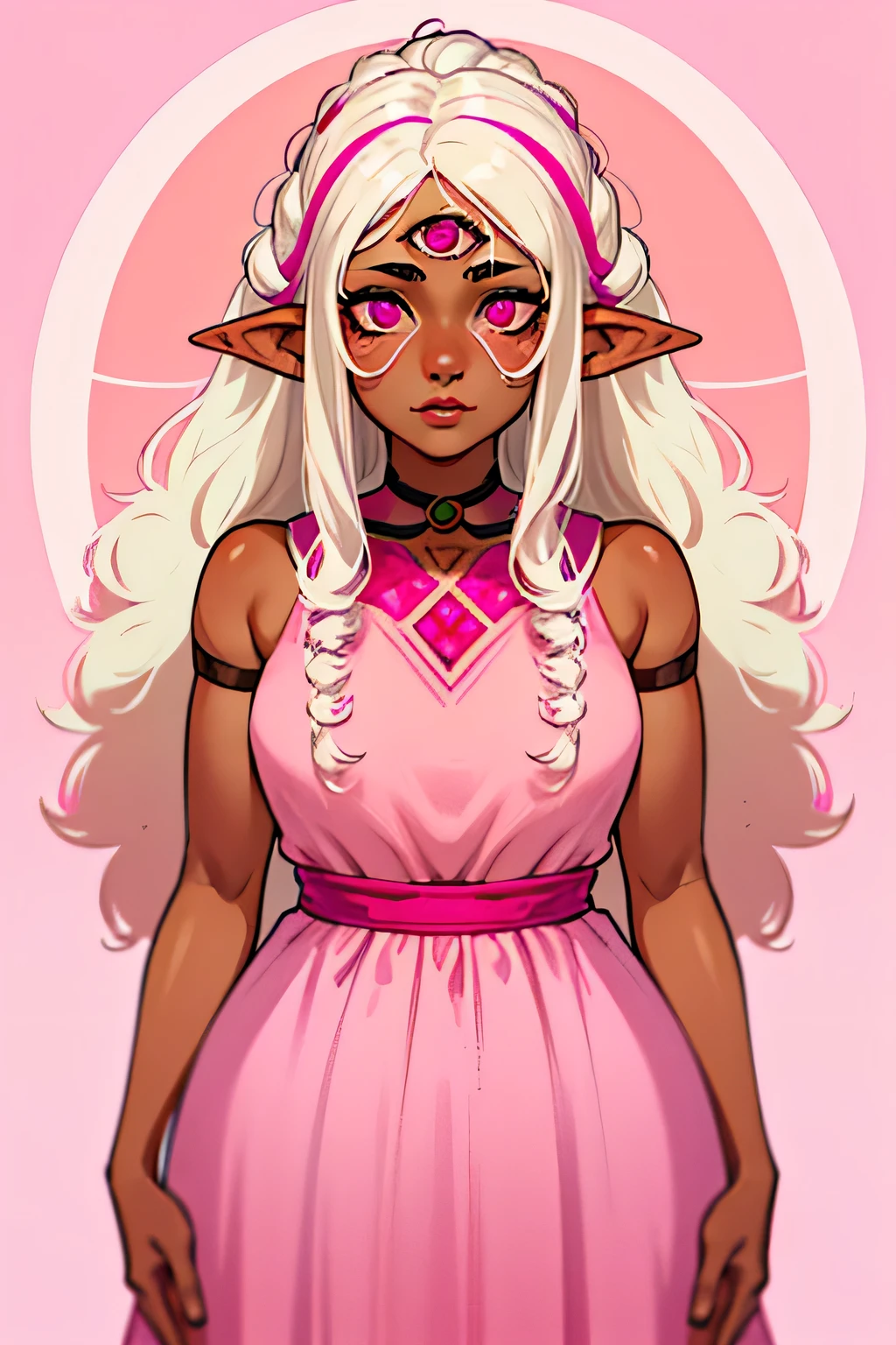 1girl, elven, (((deepbrown skin))), messy white hair, white hair with pink streaks, pink eyes, third eye, absurdres, masterpiece, kinky-curly hair, long hair, ((round face)), feminine, full lips, fully clothed, pink dress, slightly chubby, small breasts