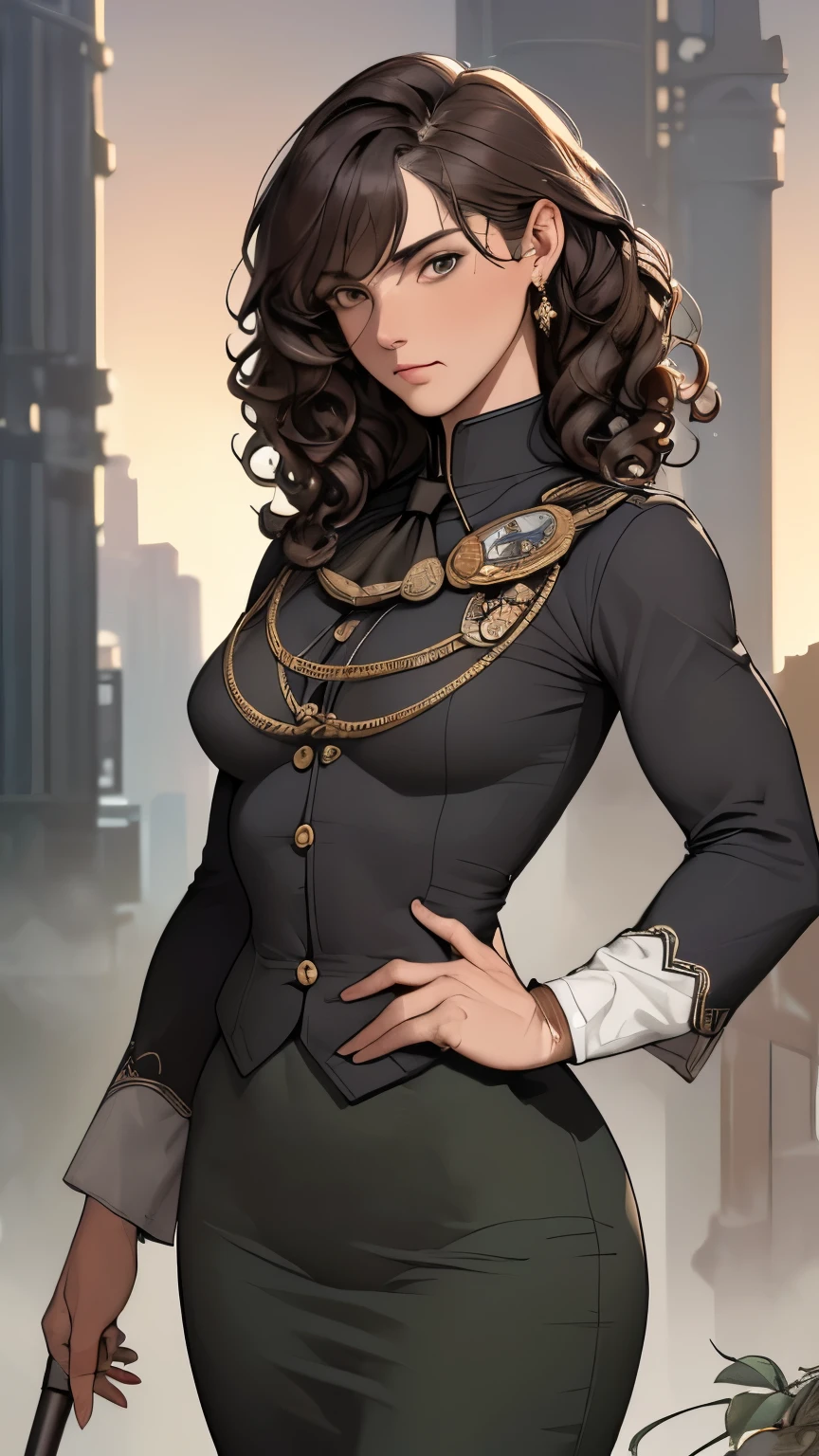 (masterpiece:1.3), (disorganized:1.3), (highest quality:1.3),(perfect anatomy:1.5),perfect finger,(detailed face), solo,1 middle age woman around 55 years old,Army officer,(Steam Punk), (Victorian era),Old Hong kong,(Kowloon area),horizontal angle,((looking at viewer:1.3)), (Super detailed:1.3),(best shadow:0.7),(small breasts),((curly hairr:1.1)),(pixie cut),fine eyes, beautiful eyes, 1 mature woman, ((saggy small breasts)),((muscular)),dark skin,alone, standing, crystal earrings,closed_mouth, arm_behind_return,Army officer uniform,insignia,tie,pencil skirt,rest outdoors, intimidating pose,cowboy shot