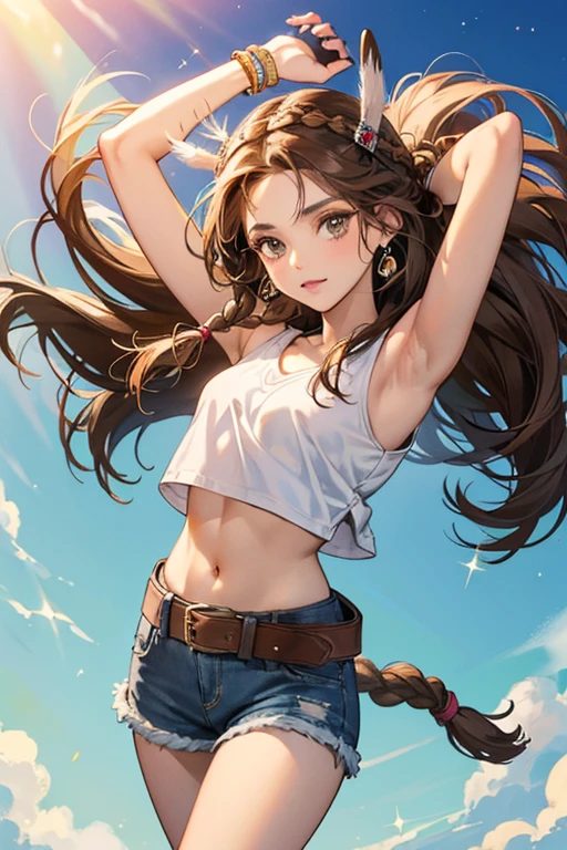 Michelle has brown eyes, a parted fringe, and long brown hair braided down her back. Michelle now wears a short, zebra print crop top covering only her neck and arms over a blue sleeveless midriff, short pale blue denim shorts with a silver-buckled white belt, brown cowboy boots, and matching brown fingerless gloves. She also wears several bracelets on her wrists and a pink Native American headdress with a single feather, now on the right side of her head. SPARKLE; GLITTER
