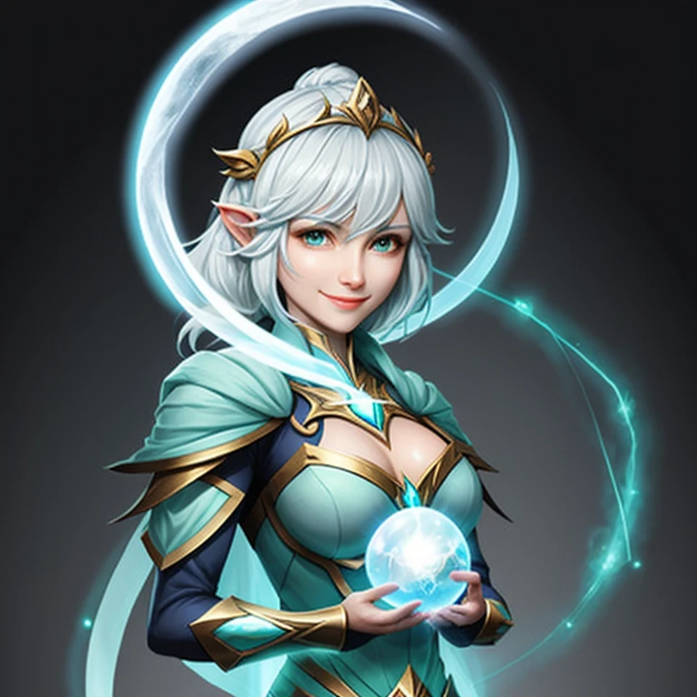 Lyra of the Light: a sorceress with the power to control light. radiated nobility and strength, with a slight smile, holding a sphere of light in her hands.