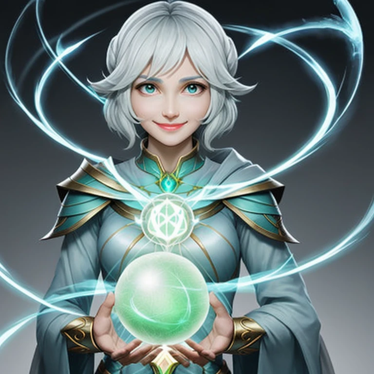 Lyra of the Light: a sorceress with the power to control light. radiated nobility and strength, with a slight smile, holding a sphere of light in her hands.