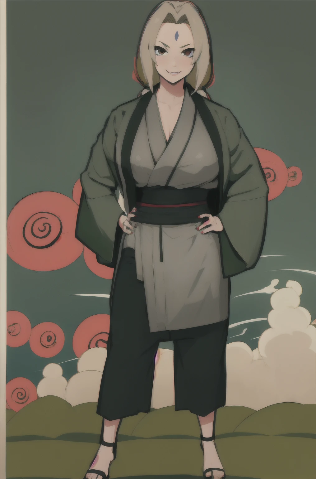 (masterpiece, highest quality:1.2), alone, One girl, Tsunade Def, Forehead mark, smile, View your viewers, Hands on hips, kimono, Green haori, Gray kimono, sash, pants 