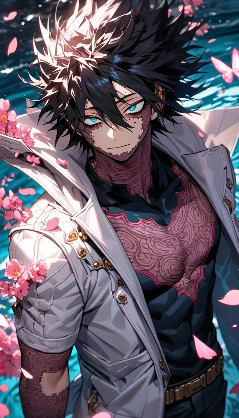 Ultra detailed, Highres, absurdres, HDR, Dabi, black hair that spikes upward around his head, hair between the eyes, expressive turquoise eyes, Boku No Hero Academia, white long coat with patterns, pink flowers, petals, extremely handsome, sexy man, solo, extremely detailed eyes and face, black gloves, water, pink butterflies, black tight t-shirt, toned chest, glittering, master piece,