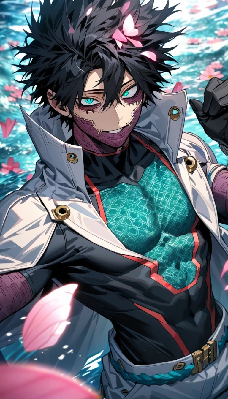 Ultra detailed, Highres, absurdres, HDR, Dabi, black hair that spikes upward around his head, hair between the eyes, expressive turquoise eyes, Boku No Hero Academia, white long coat with patterns, pink flowers, petals, extremely handsome, sexy man, solo, extremely detailed eyes and face, black gloves, water, pink butterflies, black tight t-shirt, toned chest, glittering, master piece,