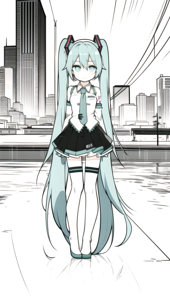 best quality, chibi, 1 girl, miku, Hatsune Miku, (full body), Pure white background,Vivid,clearly,sad face,rain,city,Looking to the side