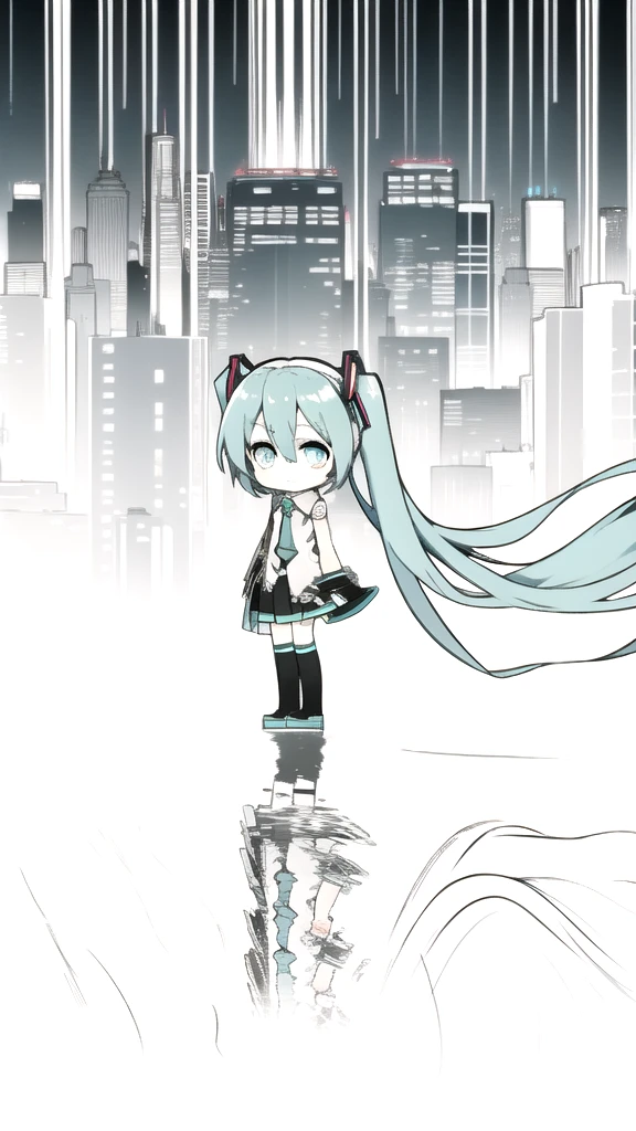 best quality, chibi, 1 girl, miku, Hatsune Miku, (full body), Pure white background,Vivid,clearly,sad face,rain,city,Looking to the side