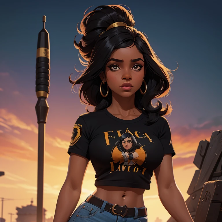 Personagem feminina estilo game free fire, garota negra ((cabelo castanhos escuro cacheado curto ))18 anos, blusa gola preta