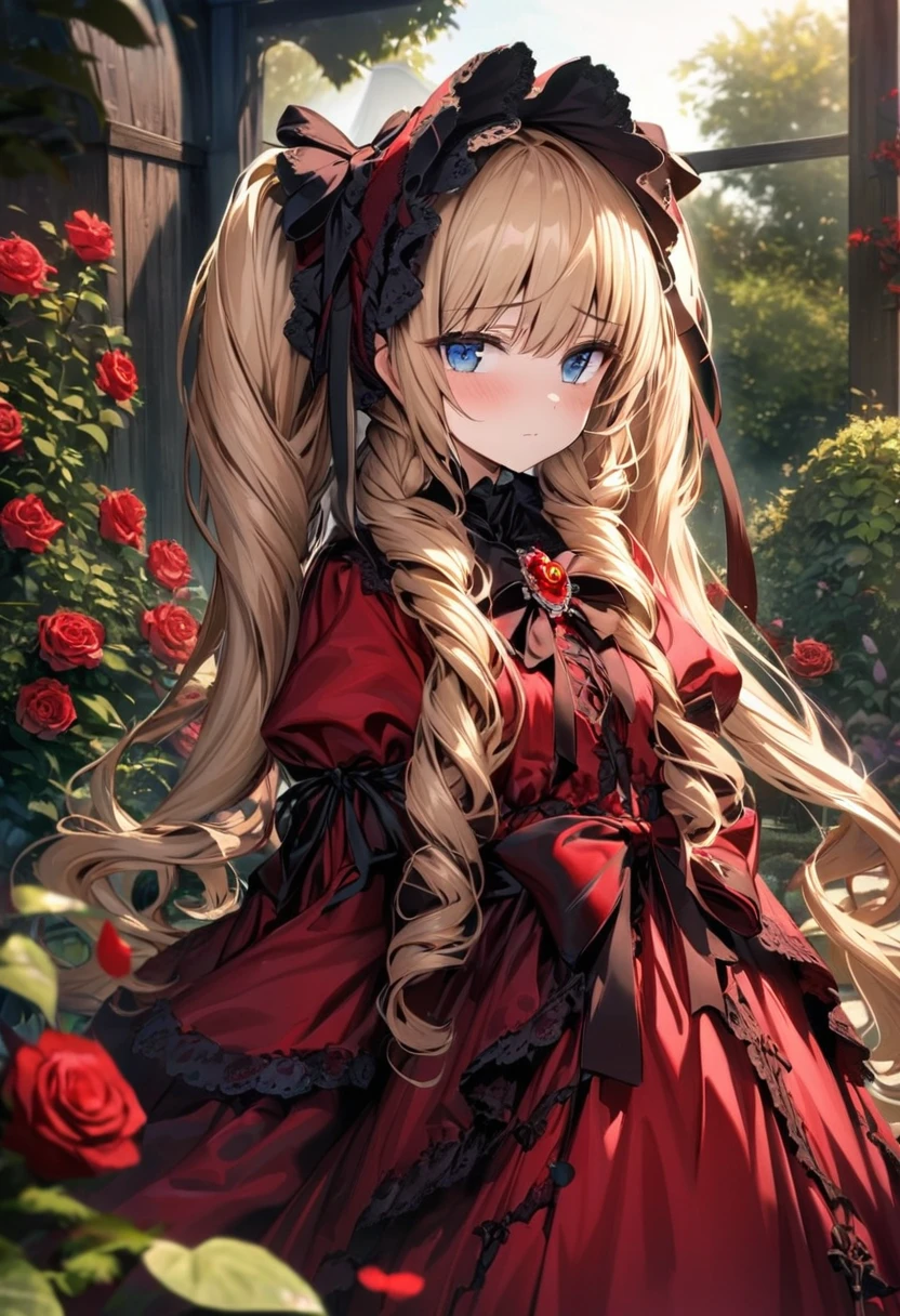 absurdres, highres, ultra detailed, HDR, master piece, best quality, Shinku, Rozen Maiden, light blonde hair, kept in two twin tails tied at the back of her head, expressive blue eyes, wearing a red gown with a matching shawl and bonnet as accessories, the bonnet is fastened with a black ribbon, which is tied into a bow at her neck and held in place with a red rose brooch, solo, woman, extremely beautiful, pretty, garden, red roses, red petals 