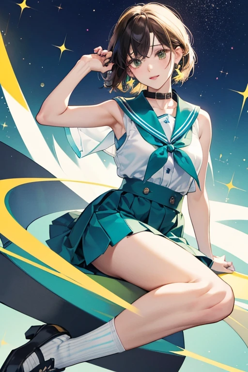 Miharu wears her - a black sleeveless vest worn over a white blouse fastened with a blue sailor-style collar and a short green skirt decorated with criss-crossing white and yellow stripes. She also wears brown shoes and long white socks, and accessorizes the outfit with a red wrist watch. SPARKLE; GLITTER
