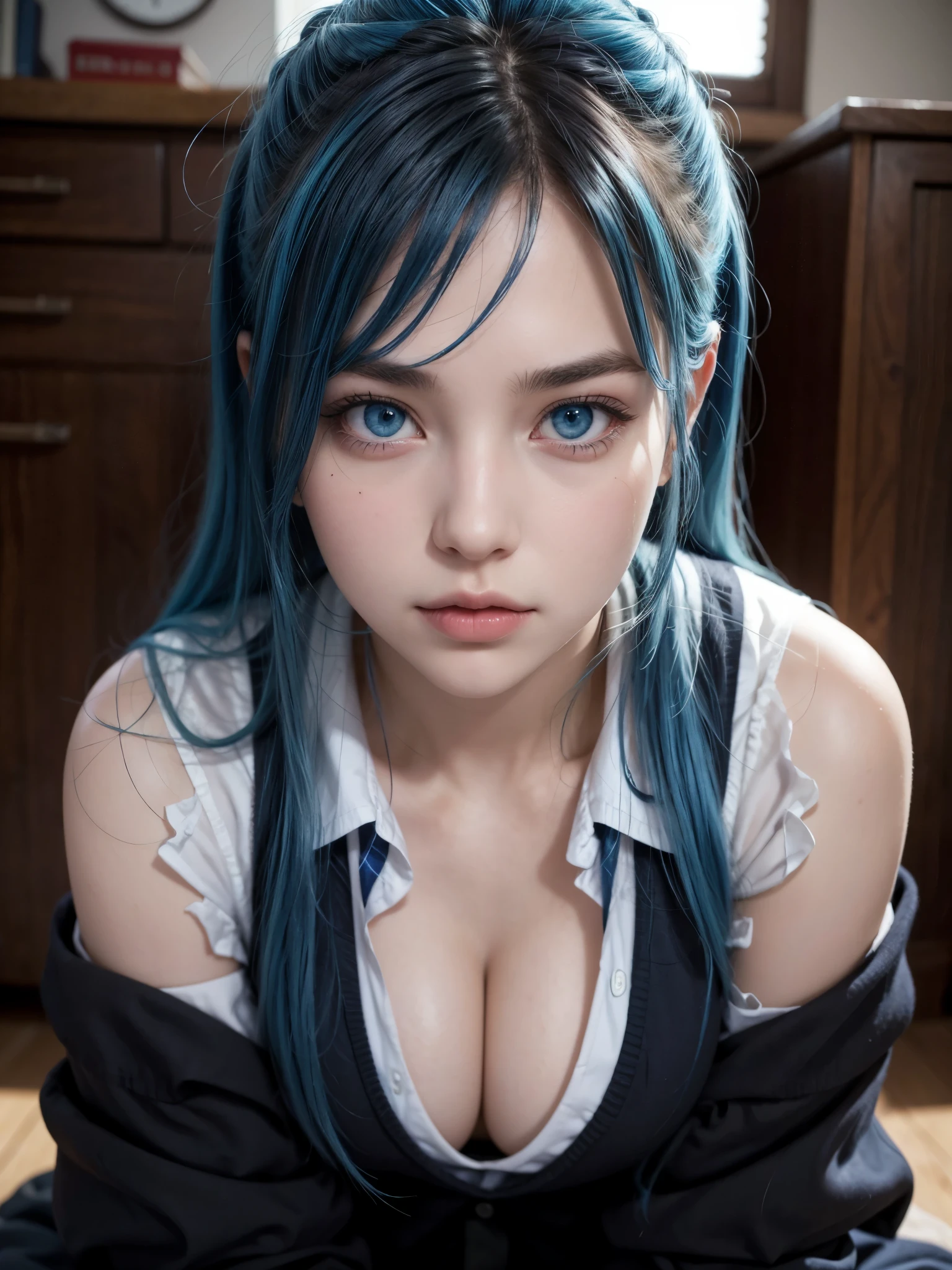 Hot woman, blue hair, blue eyes, black school clothes, sexy pose