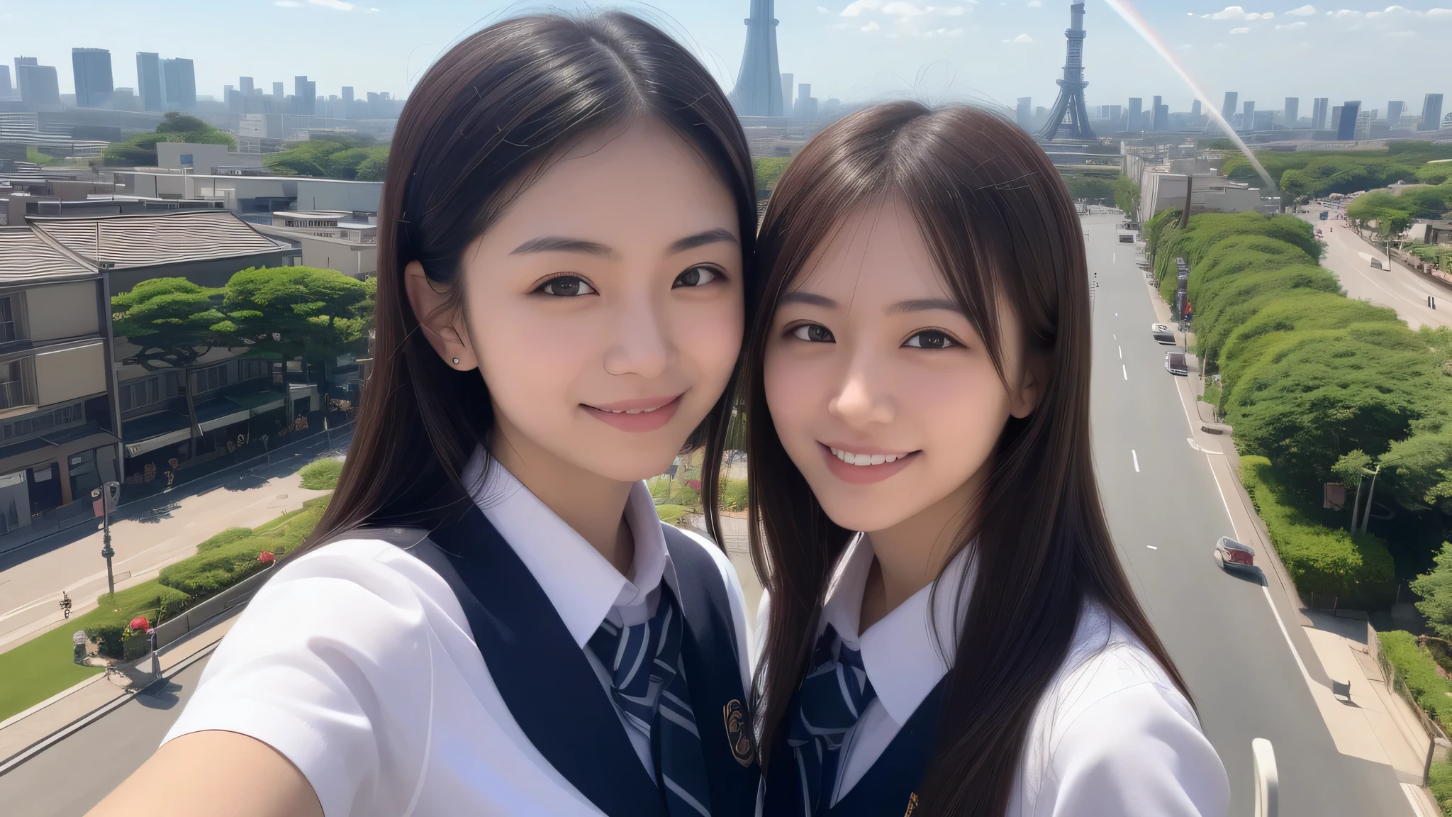 (3girl), refreshing smiles, (high school uniform), (Best Quality:1.4), Realistic, extremely detailed CG unified 8k wallpaper, highly detailed, High-definition raw color photos, professional photography, Realistic portrait, Beautiful detailed, (Fine face:1.2), Close up portrait of girl, Outdoors, Beautiful scenery, clear skies, from the top of a high-rise building, Tokyo Tower, Tokyo Sky Tree, distant contrail, Commemorative photo shoot, Tokyo Disneyland can be seen in the background